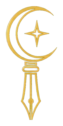 A stylized golden crescent moon and star combined with a gold fountain pen nib design.