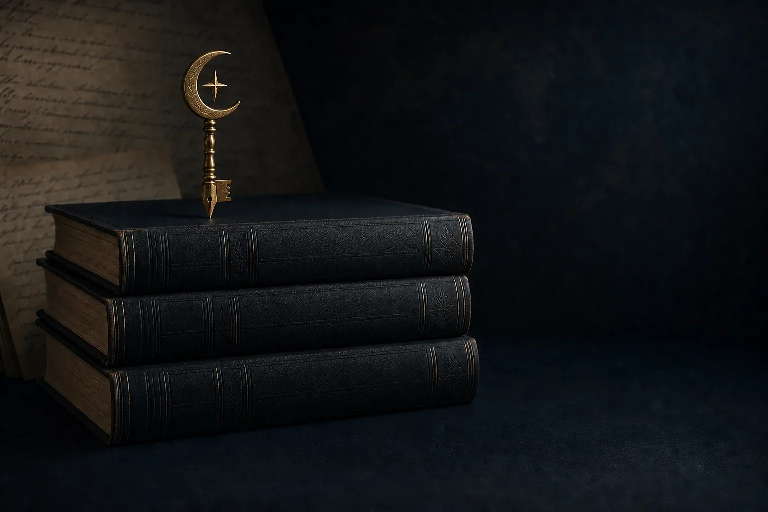 A stack of three old black books with ornate spine designs. On top of the books, there is a brass bookmark with a crescent moon and star design. In the background, there is an open book with handwritten notes.