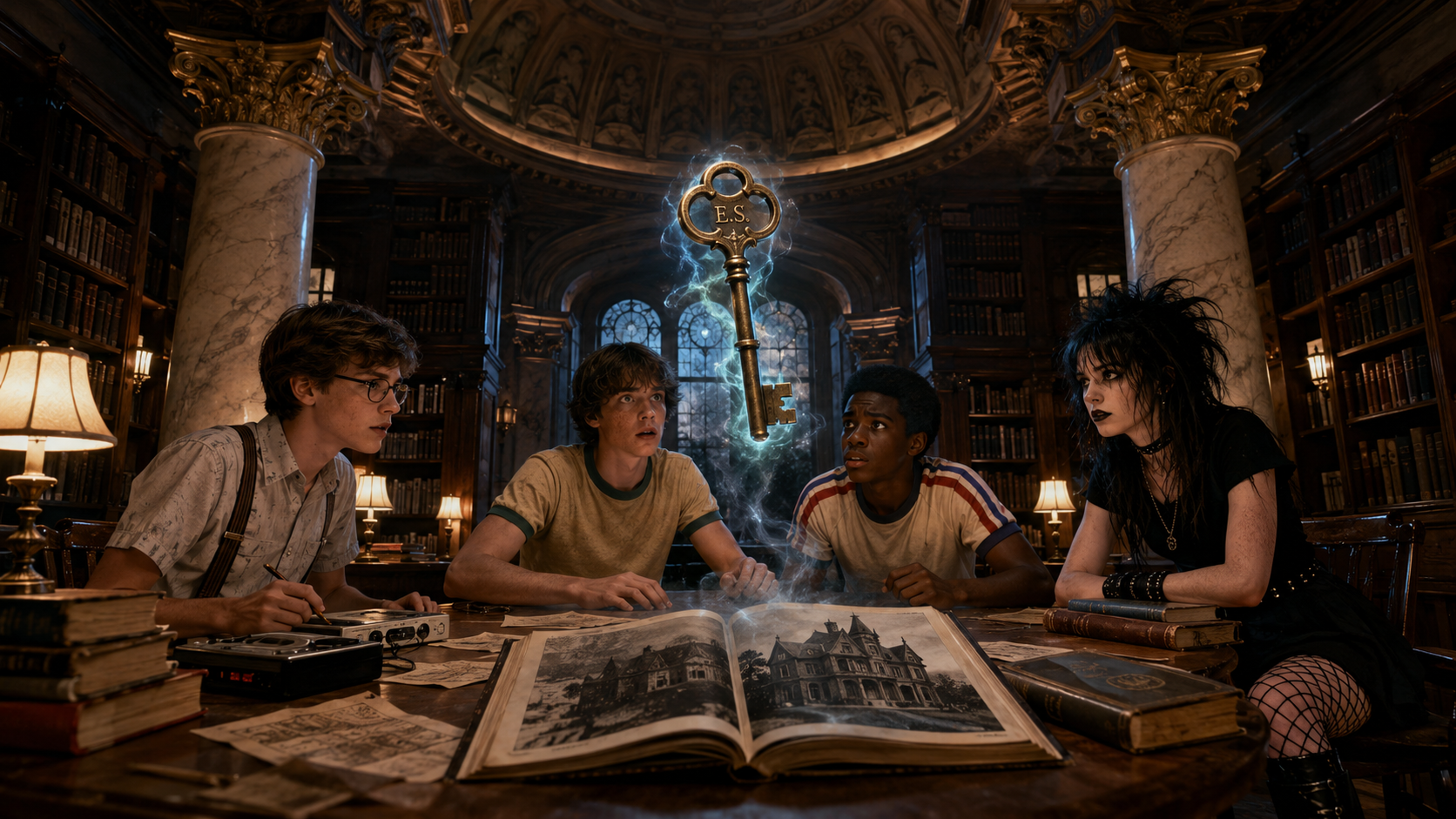 Four teenagers sitting around a table in a grand, old library with tall bookshelves, ornate columns, and large windows, looking at a floating, glowing key with an electric aura.