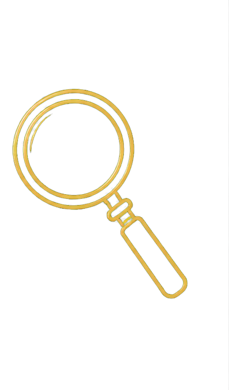 Digital illustration of a magnifying glass with a gold outline on a black background.