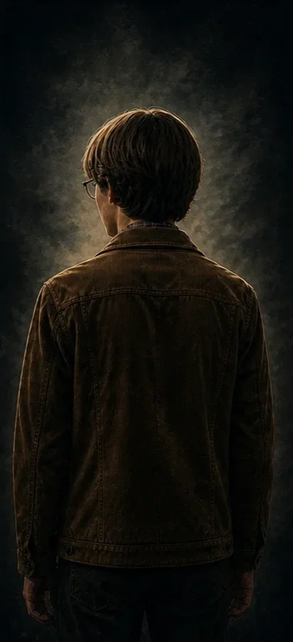 A person with short brown hair, wearing glasses and a brown jacket, stands with their back facing the camera against a dark, textured background.