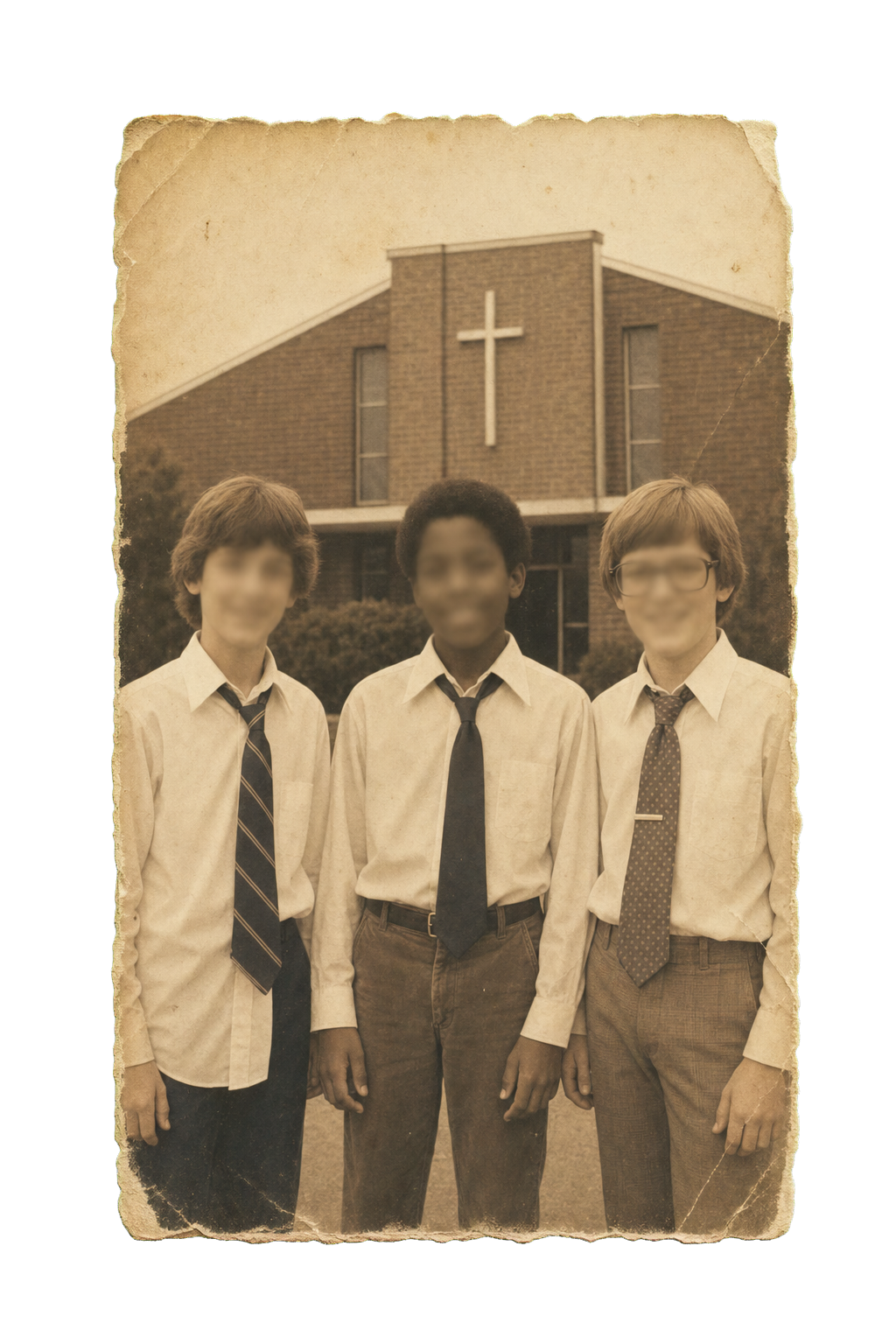 Three boys dressed in collared shirts and ties standing in front of a church with a cross on the building.