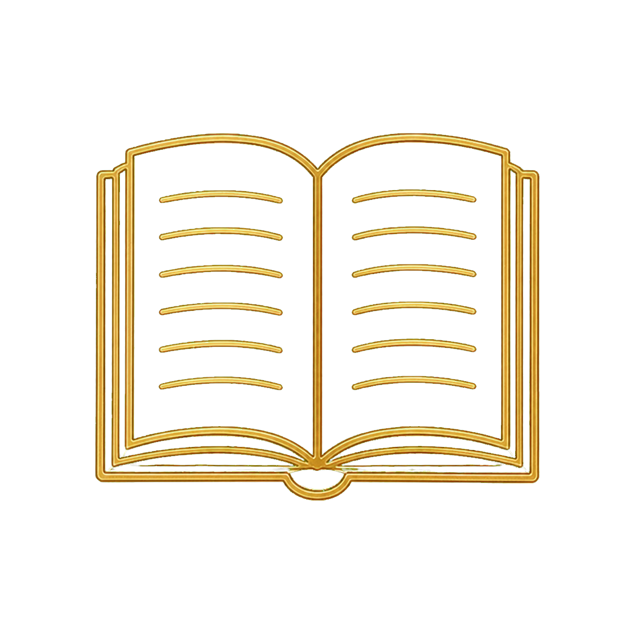 Neon sign of an open book with gold outlines and lines representing text, set against a black background.
