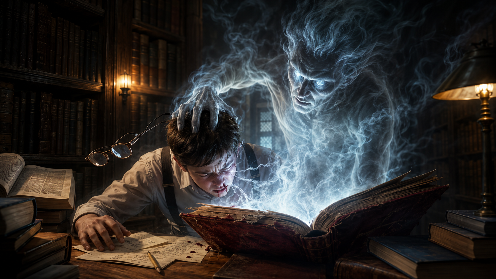 A supernatural scene featuring a young man with bloodstains and a nosebleed, appearing exhausted and upset, as a ghostly, smoky figure with glowing eyes emerges from an ancient, glowing spellbook in a dimly lit library filled with old books.