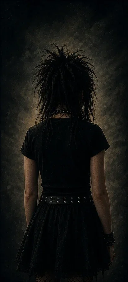 Back view of a person with messy, curly hair wearing a black t-shirt and black skirt, standing against a dark, textured background.