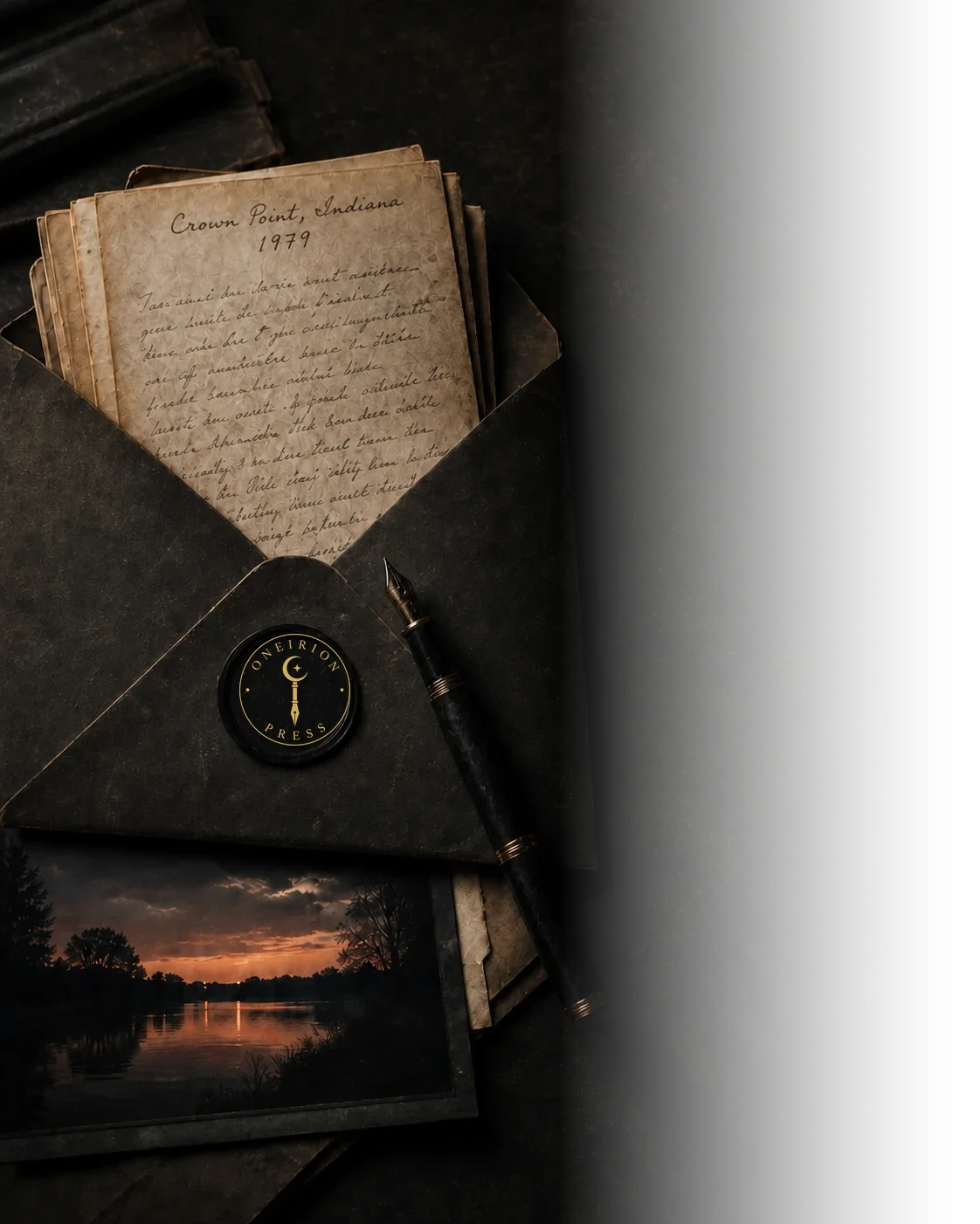 A vintage black envelope with a wax seal reading 'Oneirion Press' placed on a dark surface. Inside the envelope are old handwritten letters and a photograph of a sunset over a river with silhouetted trees.