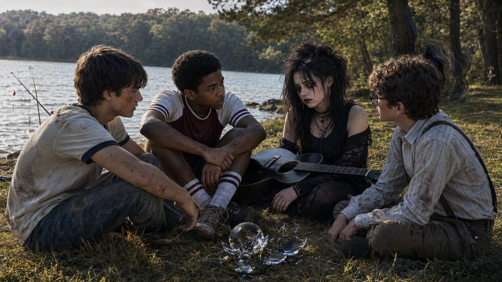 Four teenagers sit on the ground near a lake, with one holding a guitar and shattered glass on the grass in front of them. The scene is outdoors with trees and water in the background.