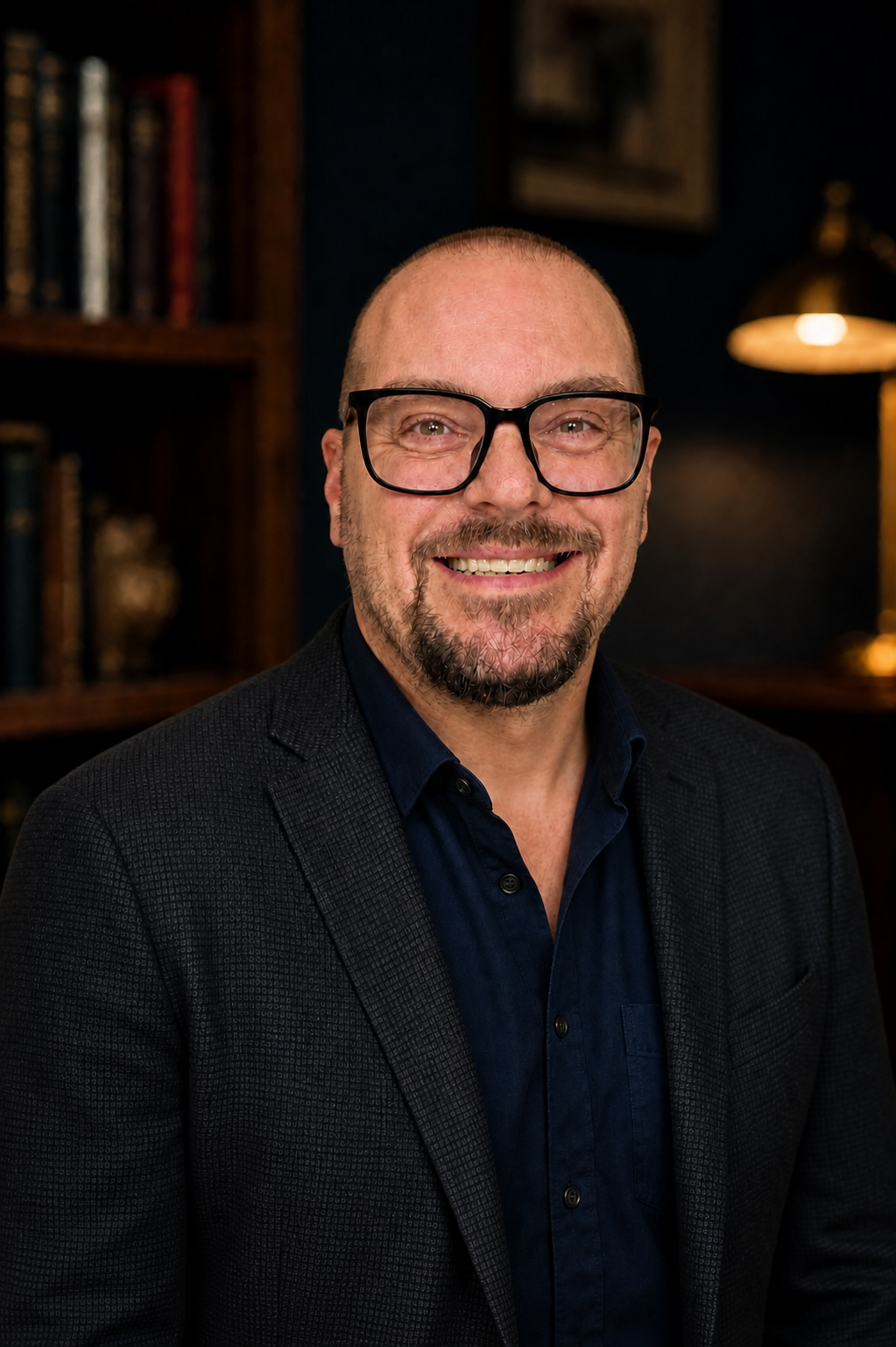 A smiling man with glasses, a beard, and a shaved head, wearing a dark blazer and shirt, standing in a room with bookshelves and warm lighting.