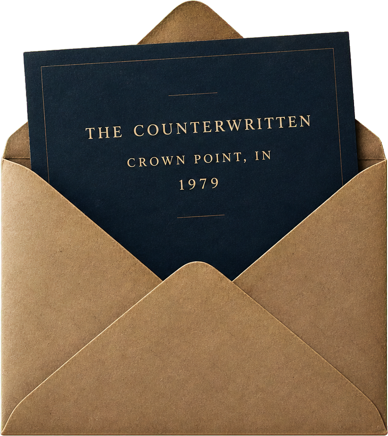 A navy blue card inside a brown paper envelope with a message about 'The Counterwritten, Crown Point, IN 1979'.