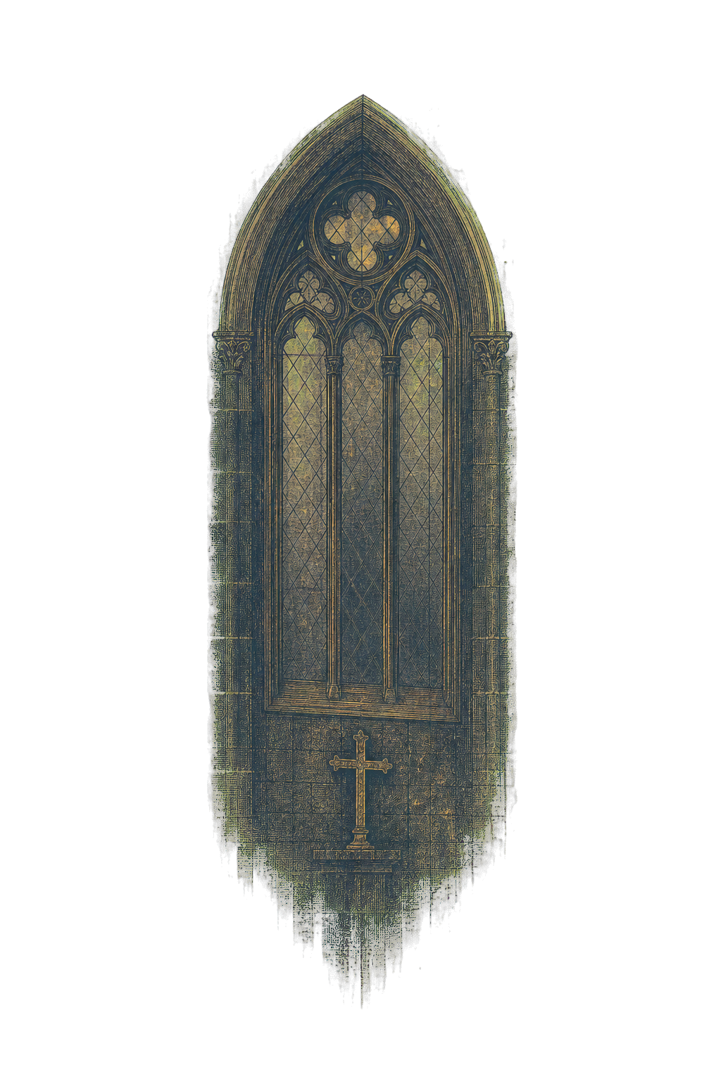 A stained glass window with gothic architectural detailing and a cross at the bottom.