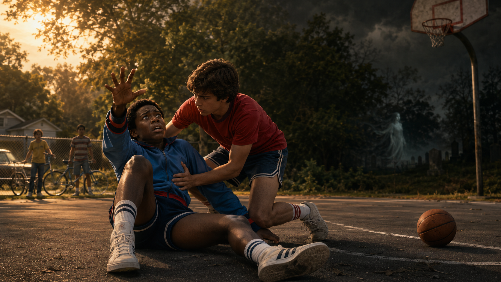 Two boys playing basketball on an outdoor court at sunset, one on the ground holding his chest, the other leaning over him, with a basketball nearby and children in the background, including a ghostly figure in a graveyard.