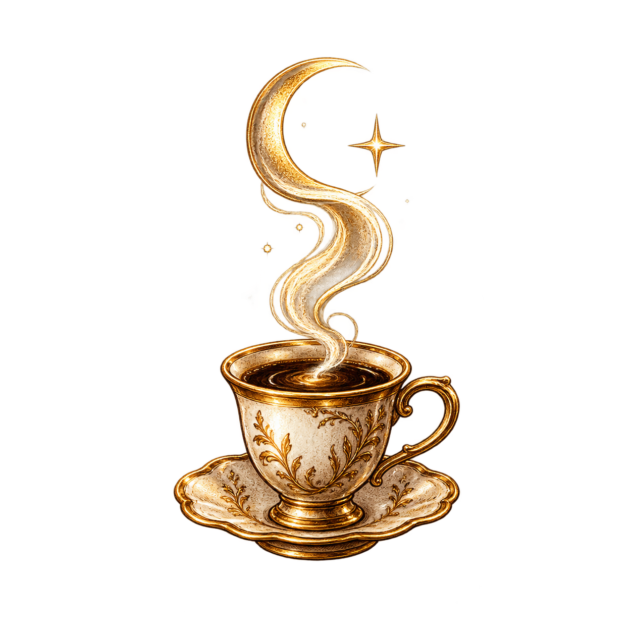 An ornate porcelain teacup with gold accents filled with coffee, with steam rising in the shape of a swirling line and a star-shaped spark near the top.