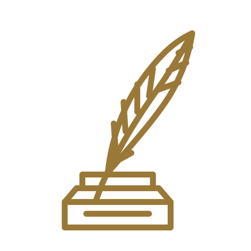Outline of a picket fence post with a feather quill pen resting in it, all in gold on a black background.