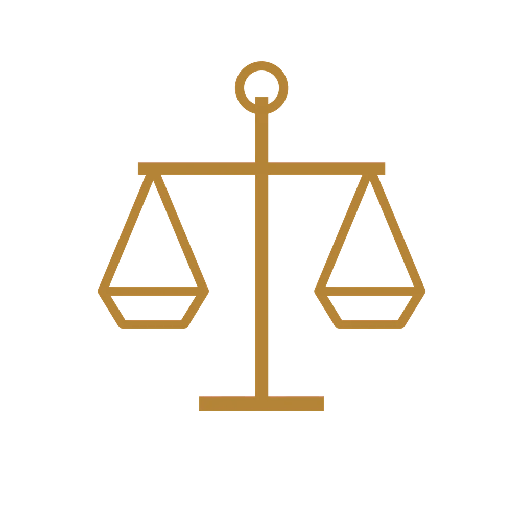 Gold outline of a balance scale against a black background.