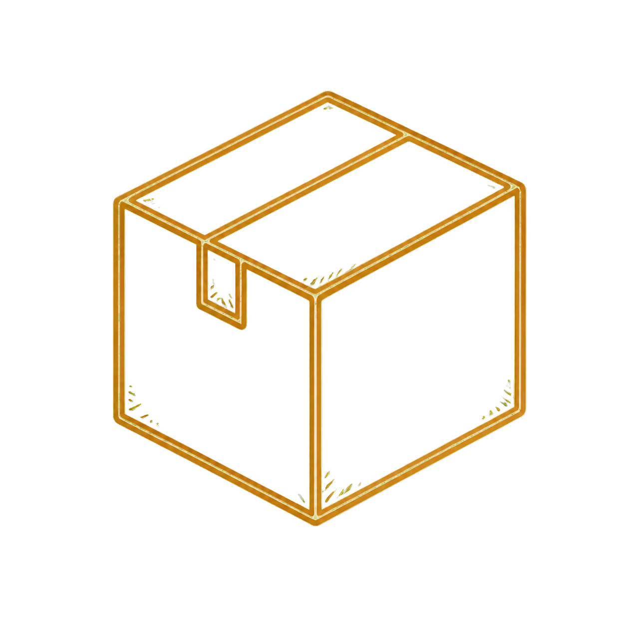 An isometric illustration of a cardboard box with a plastic window on top and a tab on the front.