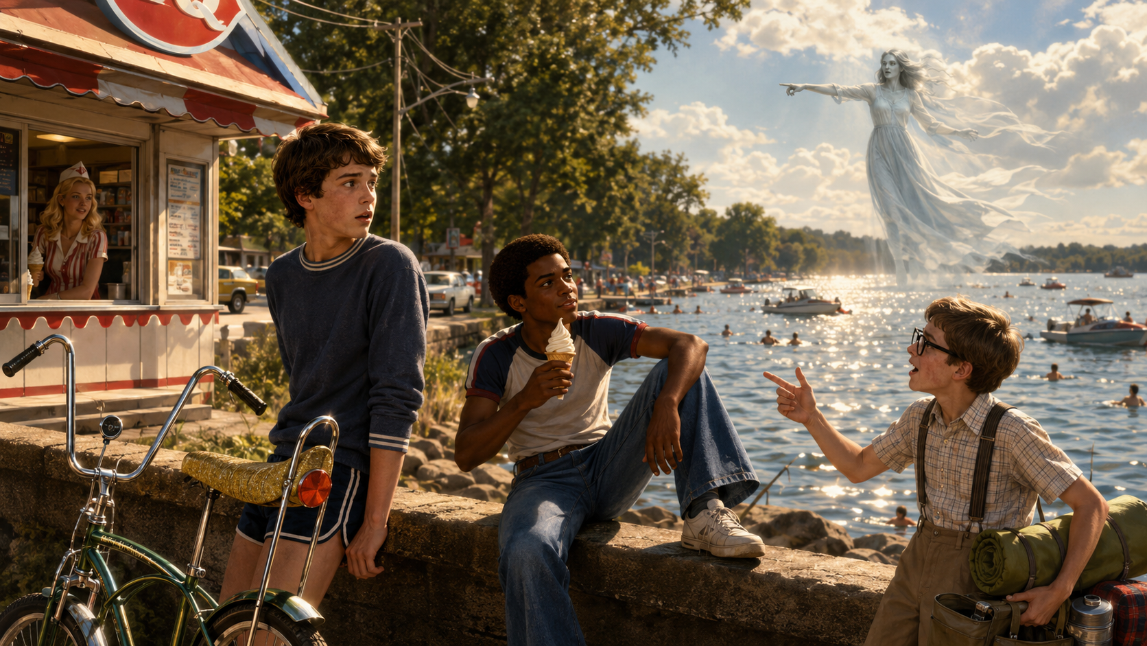 Three young boys by a lakeside with a floating ghostly woman in the sky. One boy points, another holds an ice cream, and the third stands near a bicycle. In the background, a lakeside with boats and people, a tree-lined street, and a small ice cream 