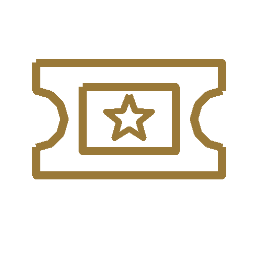 Icon of a ticket with a star in the center, outlined in gold on a black background.