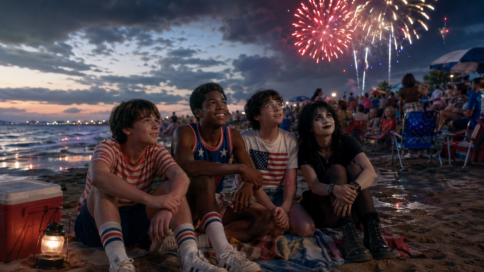 Four children sitting on the beach at dusk, watching fireworks. The children are dressed in patriotic clothing with American flags, and the scene includes a crowd and colorful fireworks in the sky.
