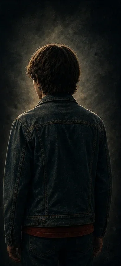 A person with curly hair wearing a dark denim jacket, standing with their back to the camera, illuminated by a soft, glowing light behind them.