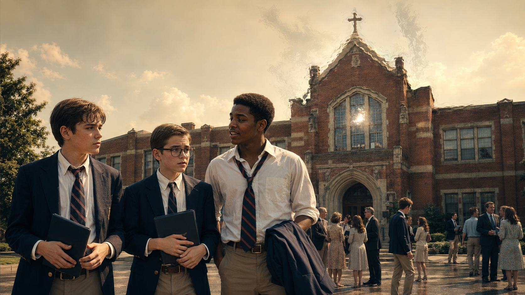 Three students in uniforms talking outside a brick school building with other students in the background.