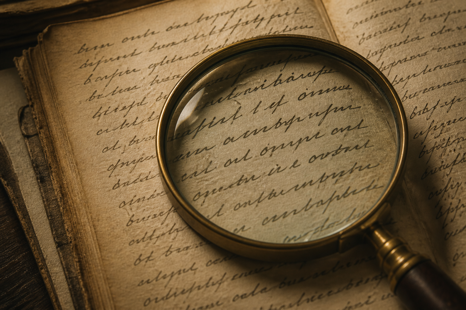 An old handwritten letter with cursive writing, viewed through a magnifying glass.