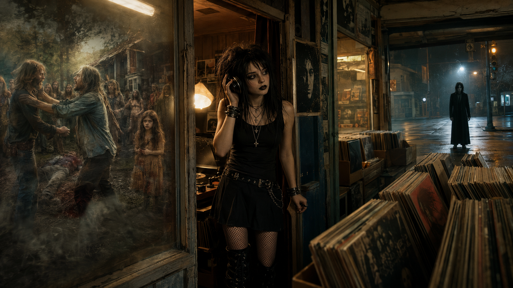 A young woman with dark, spiky hair, dressed in goth style, wearing a black tank top, a mini skirt, fishnet stockings, and boots, stands inside a record store at night, listening to headphones. Outside, a street scene at night shows a spooky figure i