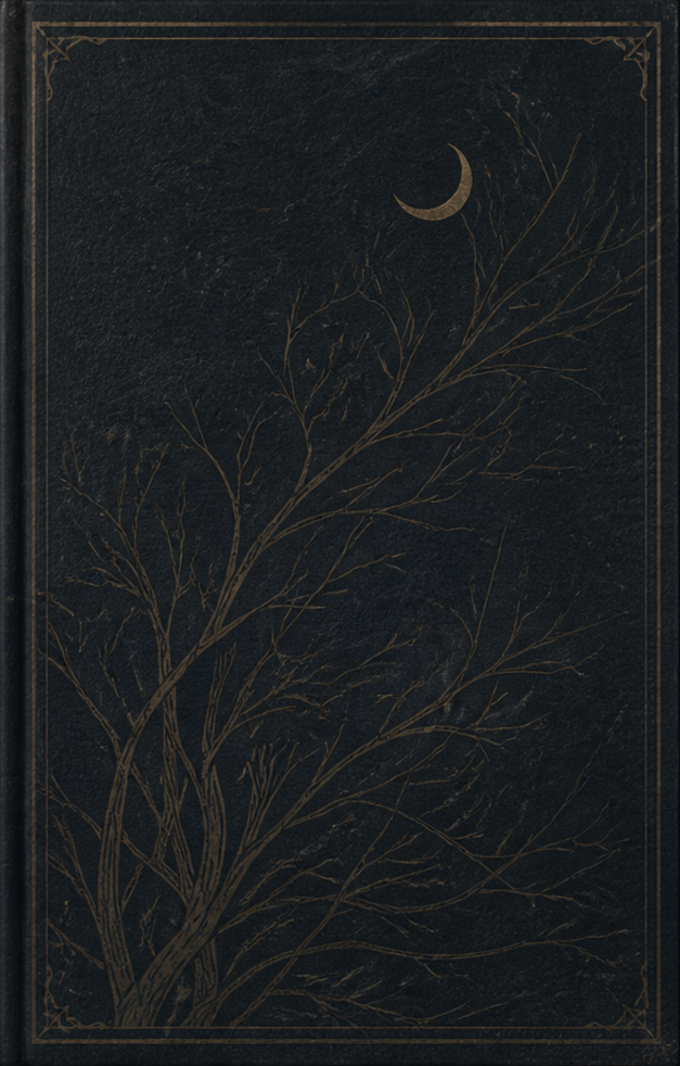 Dark book cover with gold-embossed tree branches and a crescent moon in the night sky.