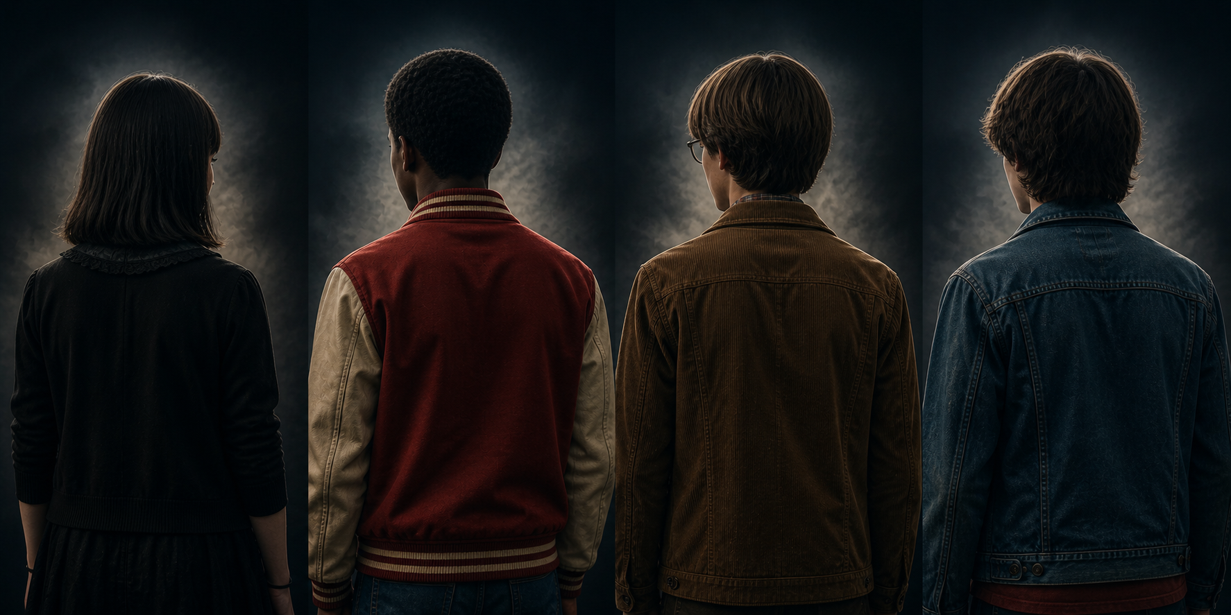 Four individuals shown from behind, each with different hairstyles and clothing, standing in a dark background.