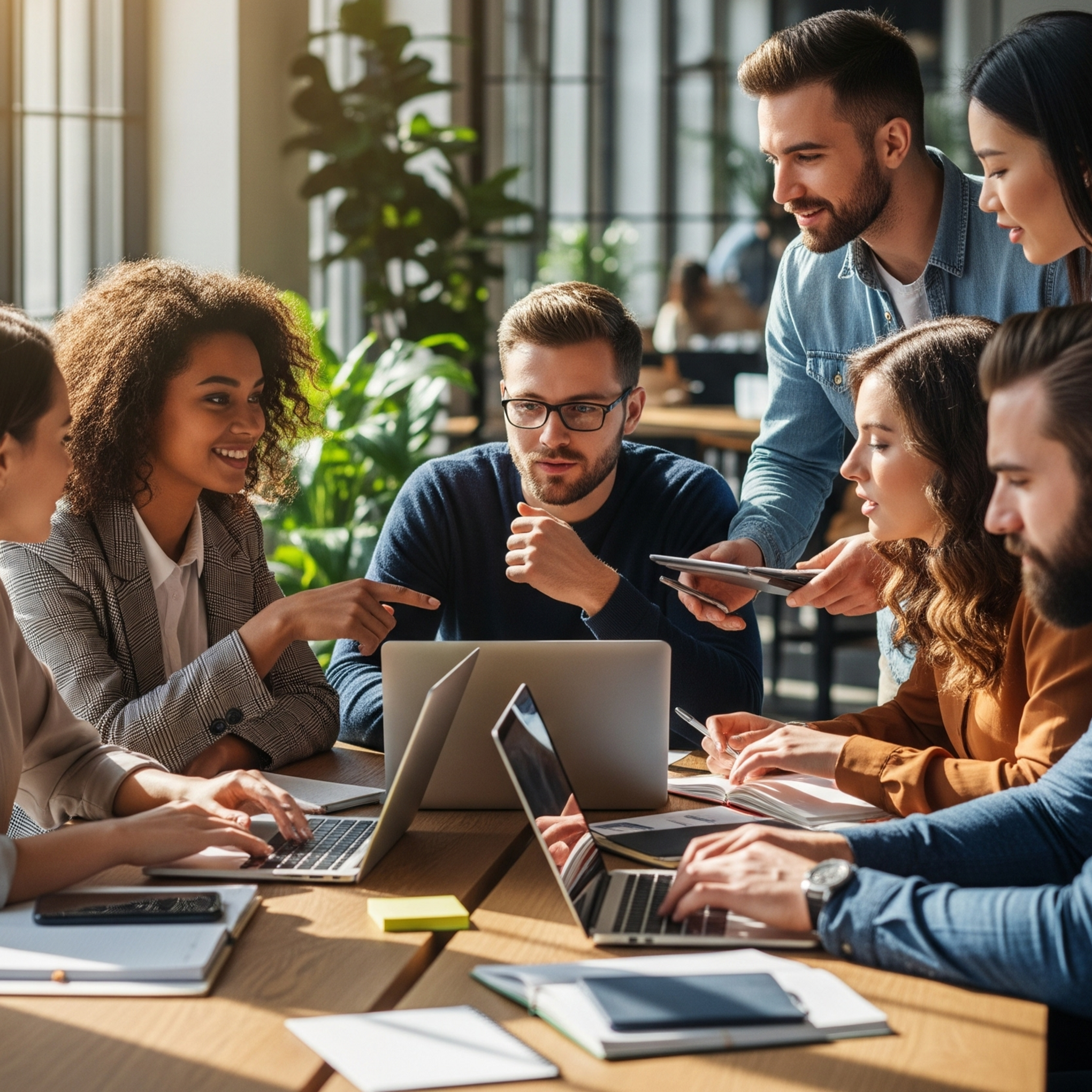 Group of people working together at a conference table with laptops, notebooks, and a tablet in a bright room. They are working together in a positive manner.