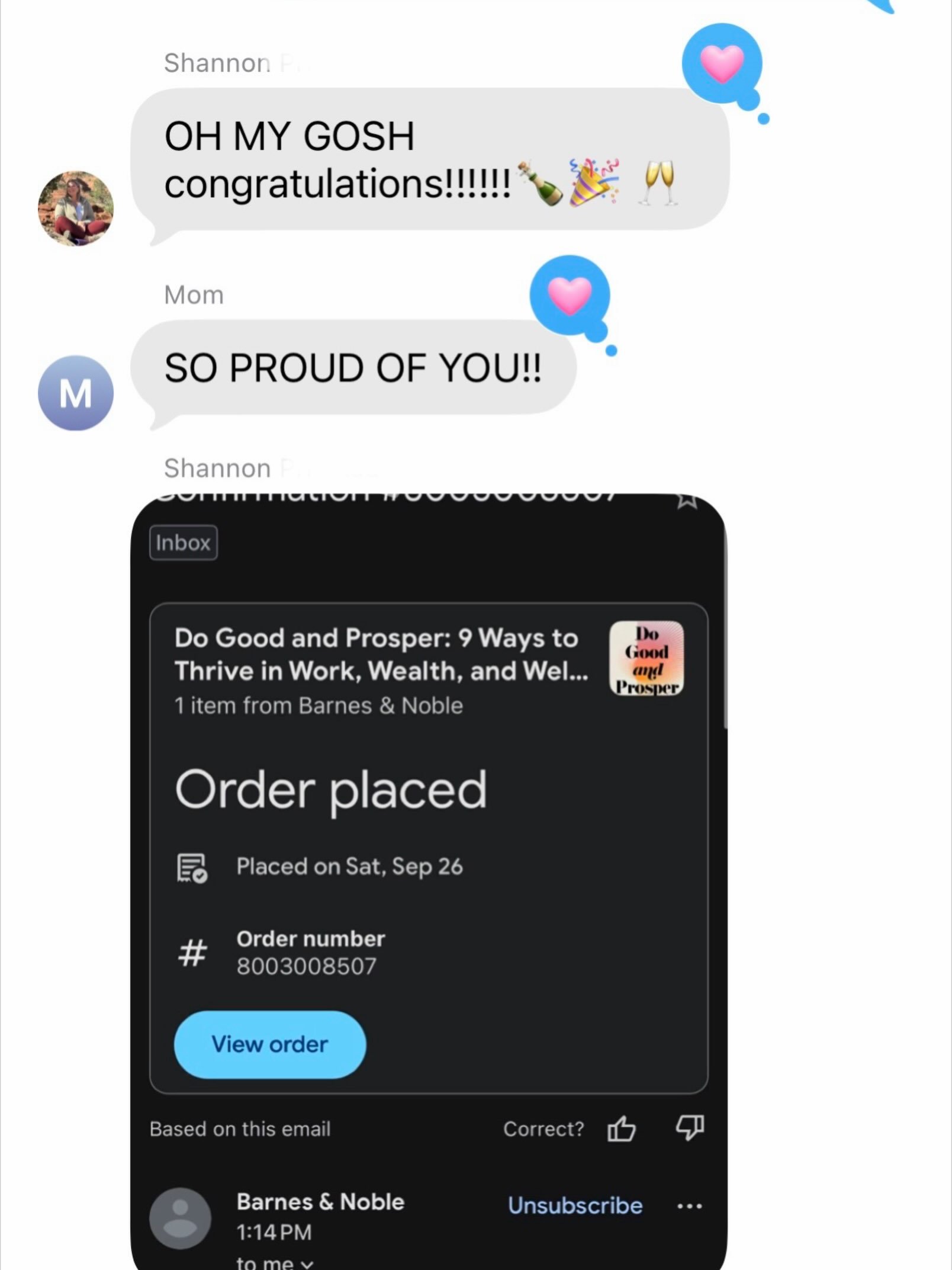 My sister texted me her receipt for MY BOOK, and I had to fight back tears.

After almost four years, a lot of ups and downs, and one very humbling upload mistake, Do Good and Prosper is officially available for pre-order. Thank you to everyone who h