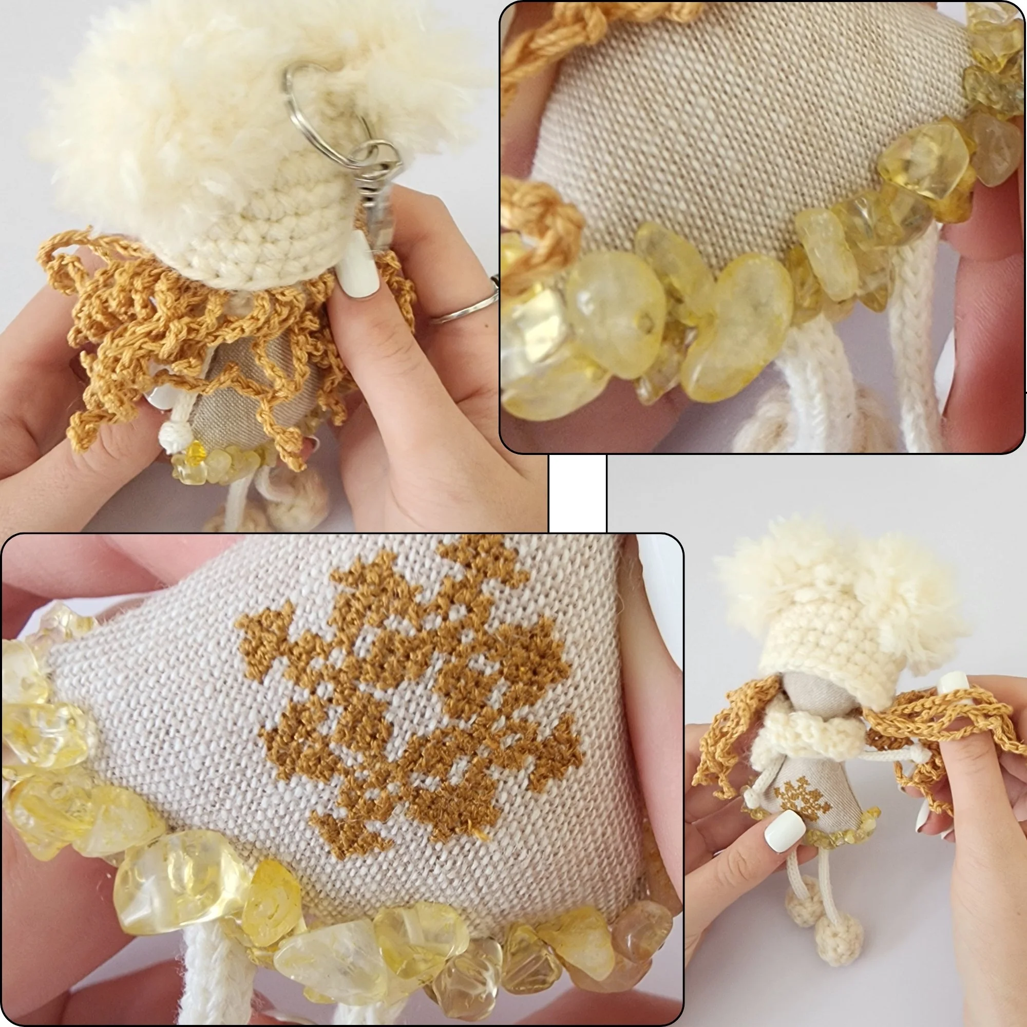 Close-up collage of OMmi details showing the hanging hardware, natural yellow stones, textile body and geometric embroidered ornament.