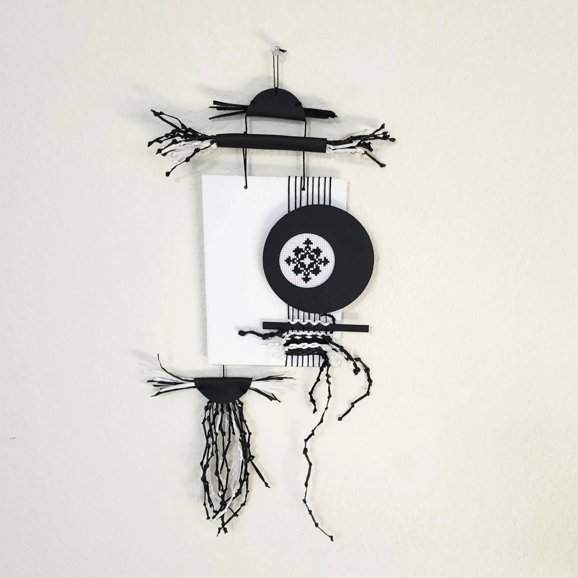 Encoded Intention DIY wall art kit Object 1 with embroidery, fiber, leather, and natural materials