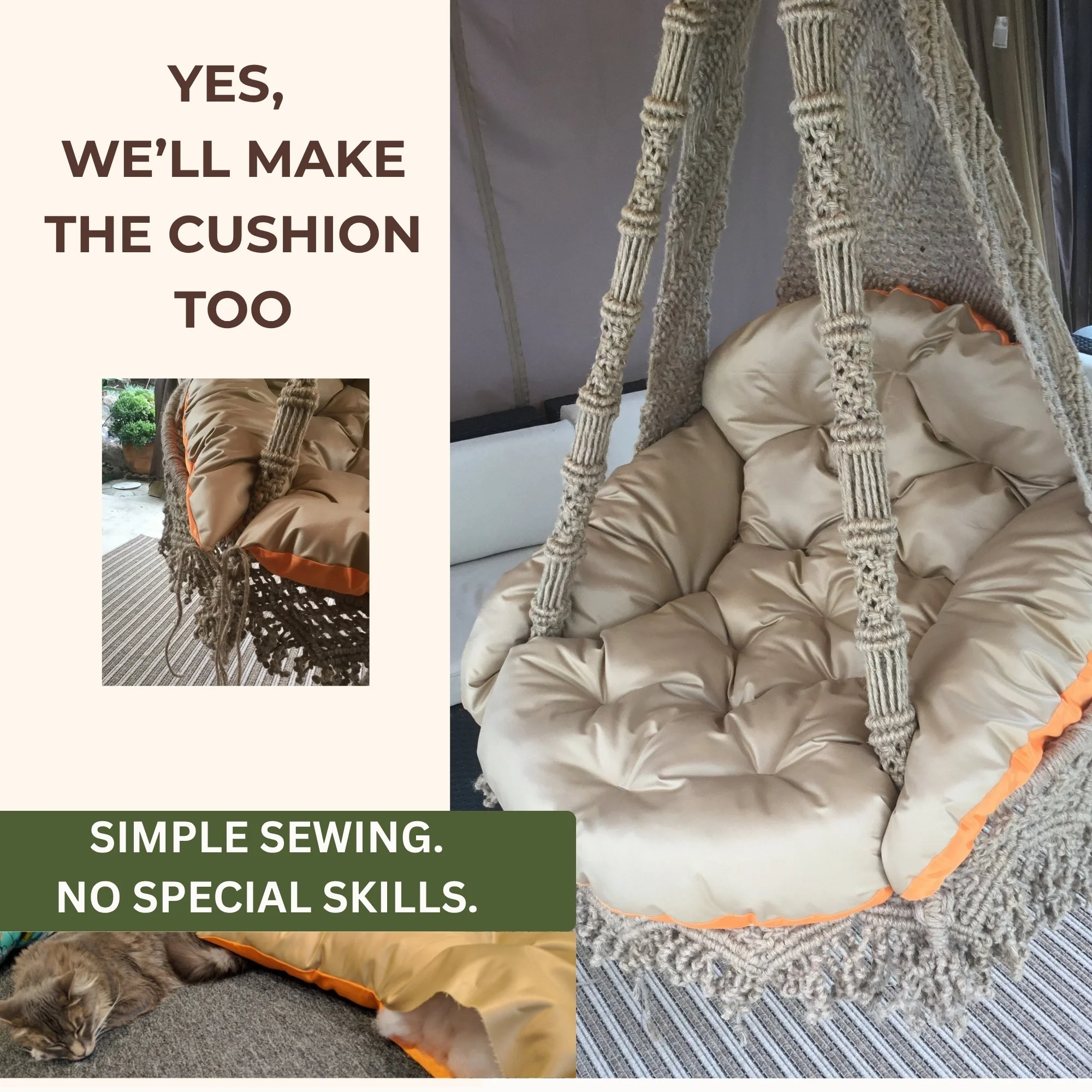 Handmade cushioned seat fitted inside the finished macrame hanging chair.