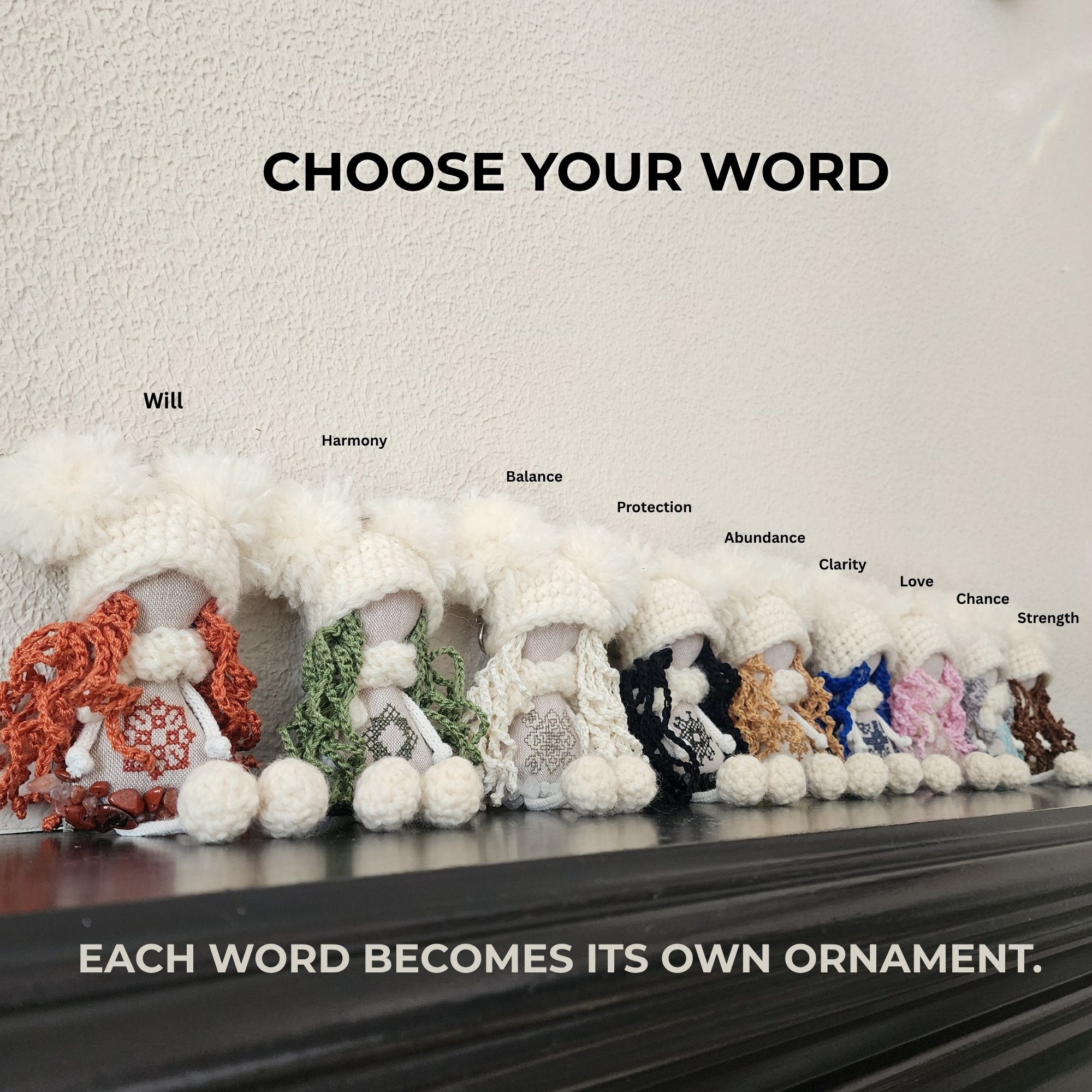 Collection of handmade OMmi companions with different encoded words, embroidery patterns, natural stones and fiber colors.