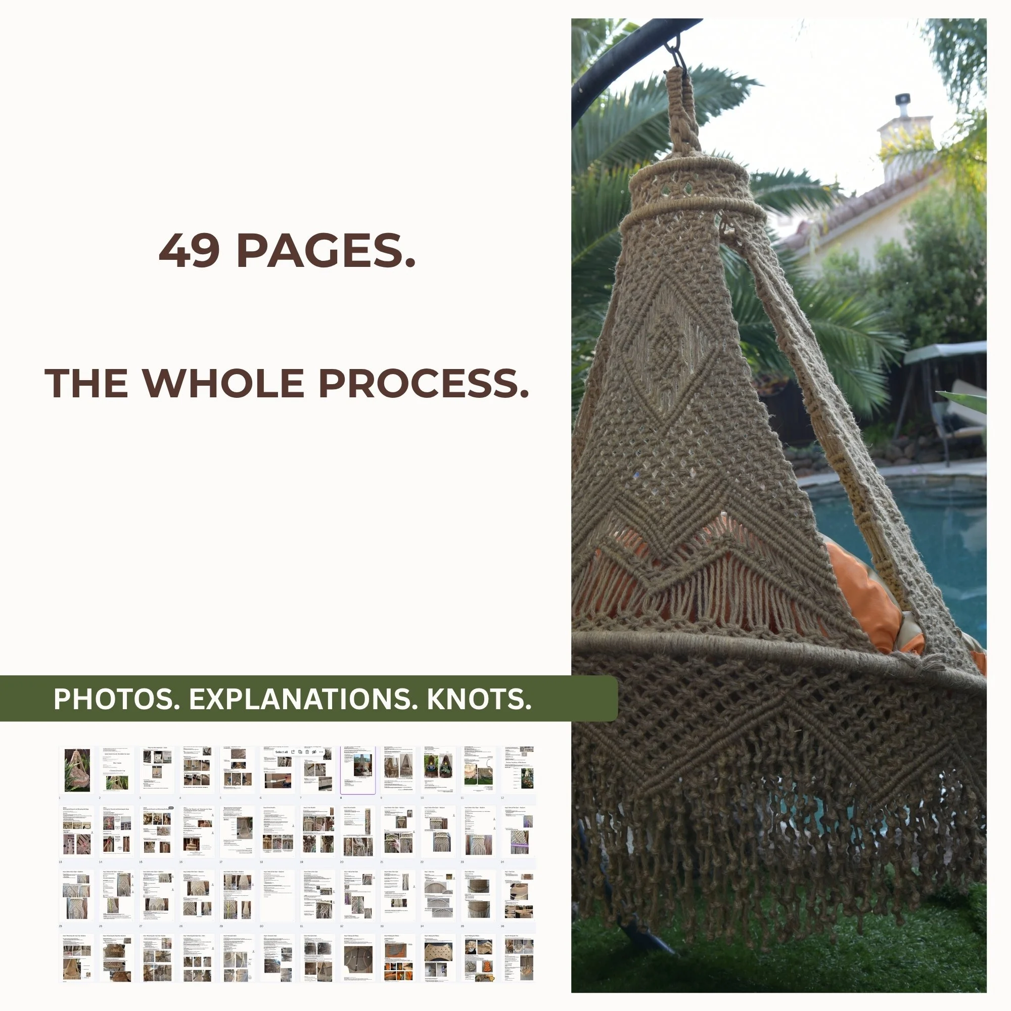 49-page macrame hanging chair PDF tutorial with step-by-step photos, explanations, and knots.