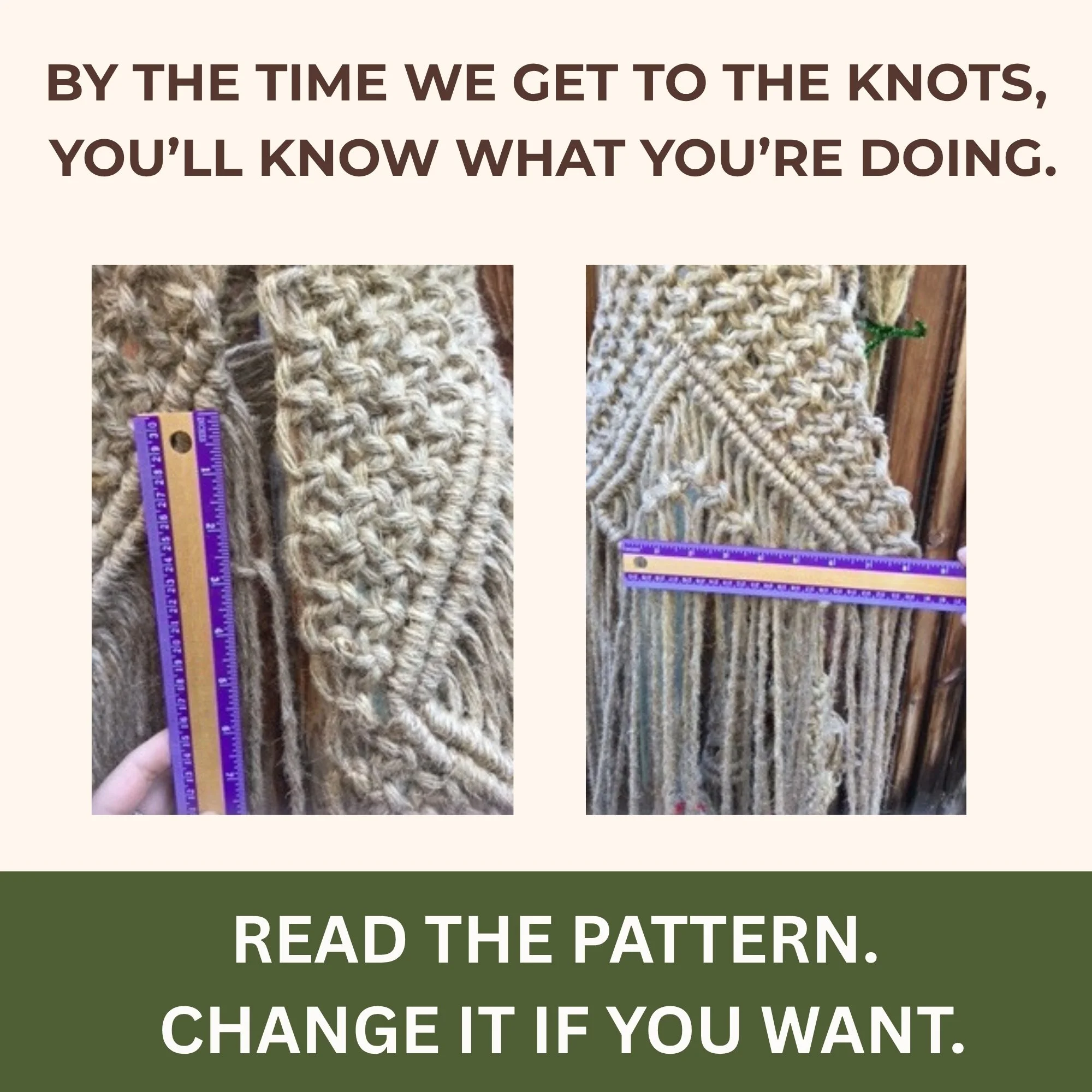 Close-up construction photos showing measurements and knotwork for the macrame hanging chair.