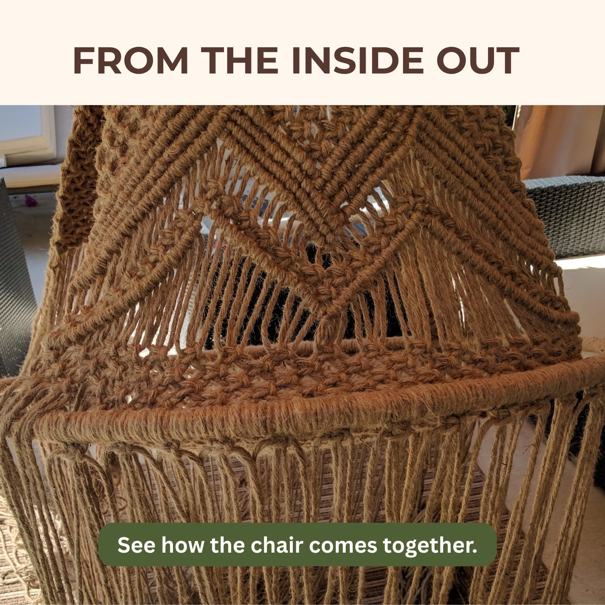 Close-up of the handmade macrame hanging chair construction and woven structure.
