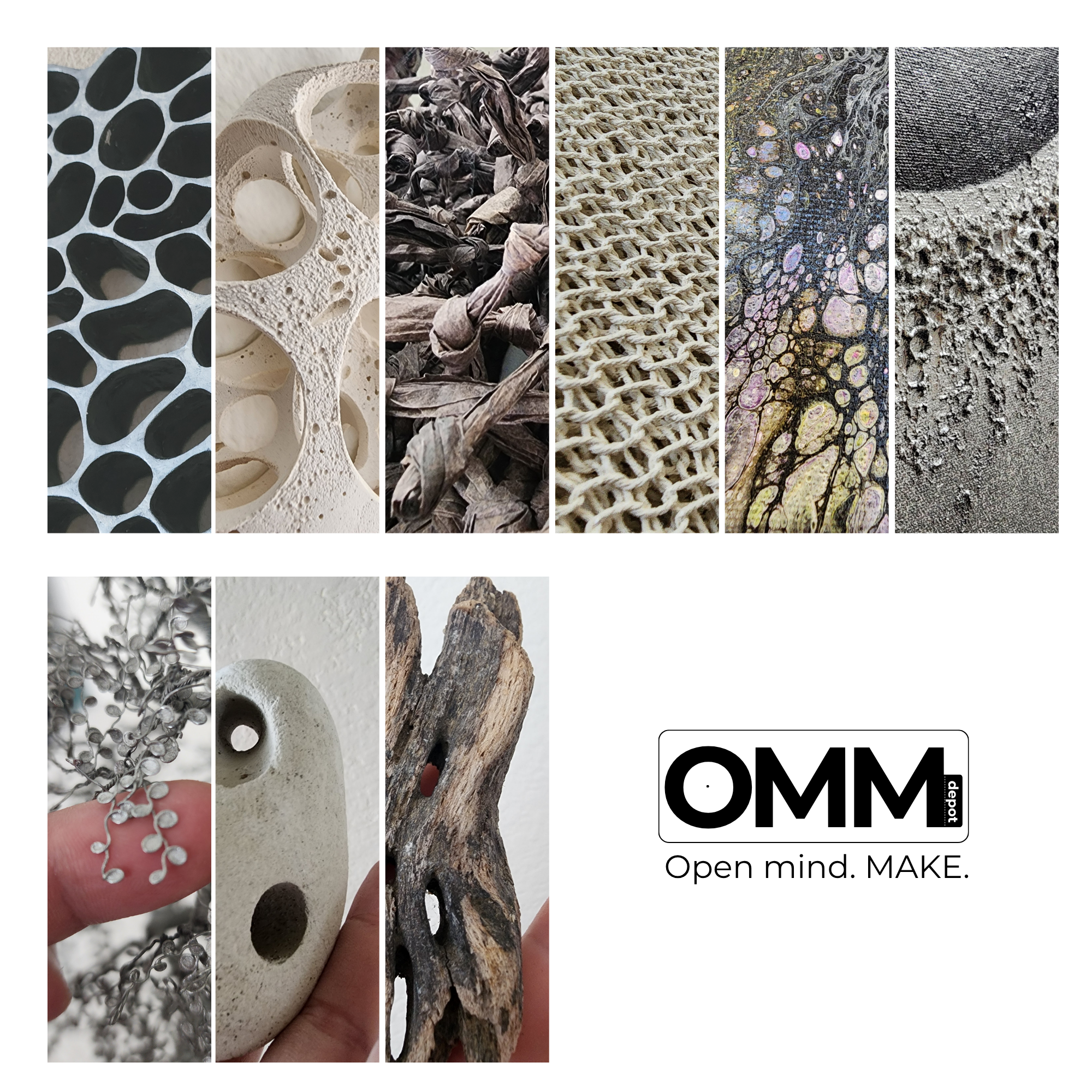OMM Depot mood board of organic textures, fiber, stone, wood, and experimental materials