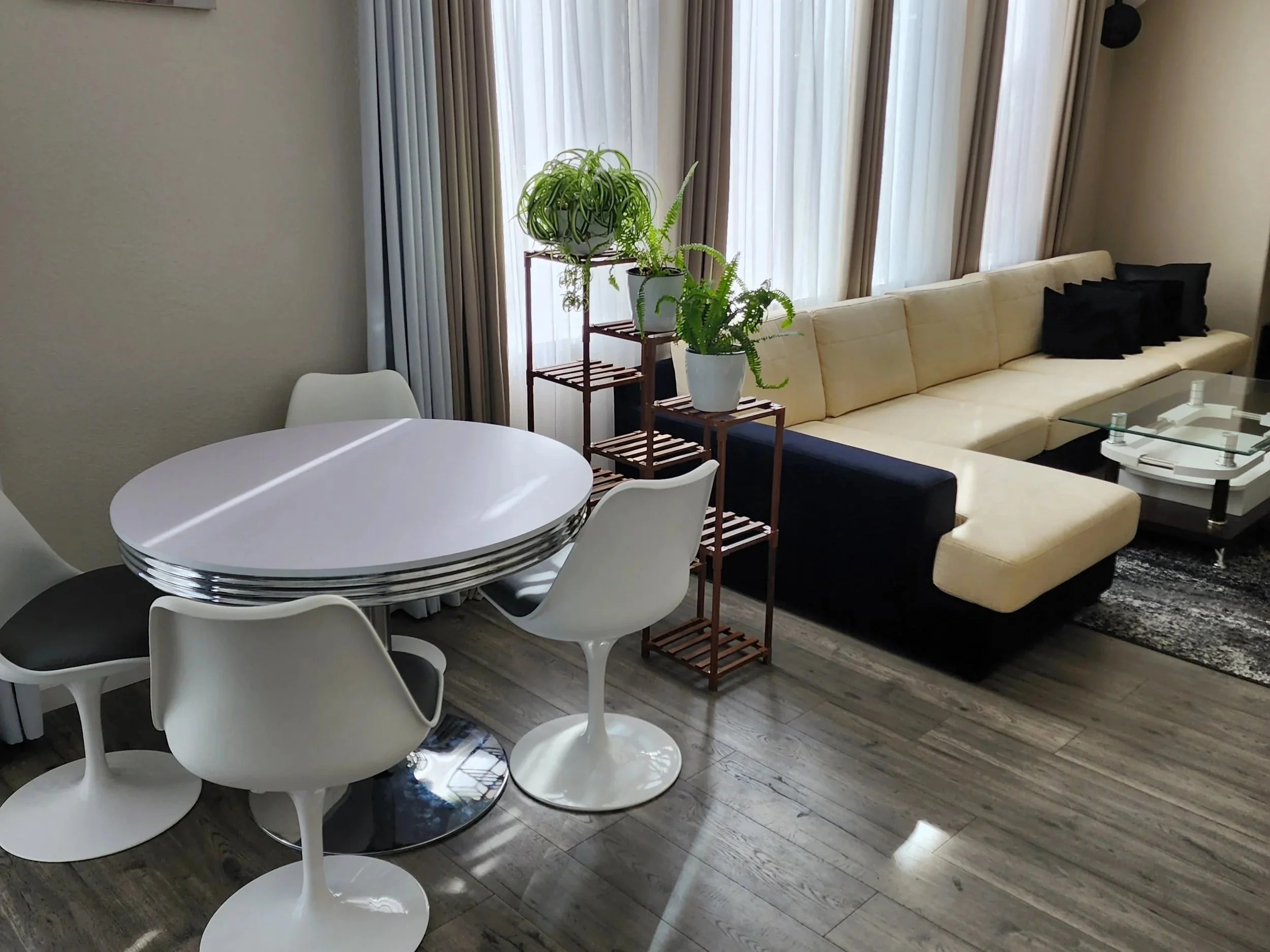 Tall plant stand used as a room divider between the living and dining areas