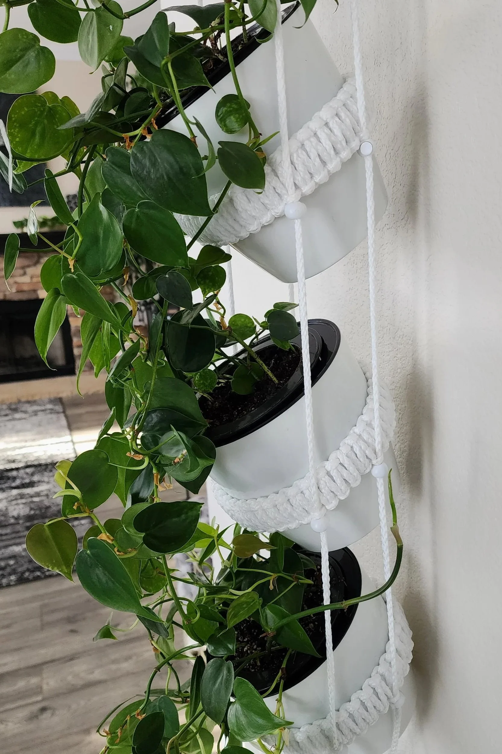 Close-up of white plant pots in an adjustable vertical hanging planter system