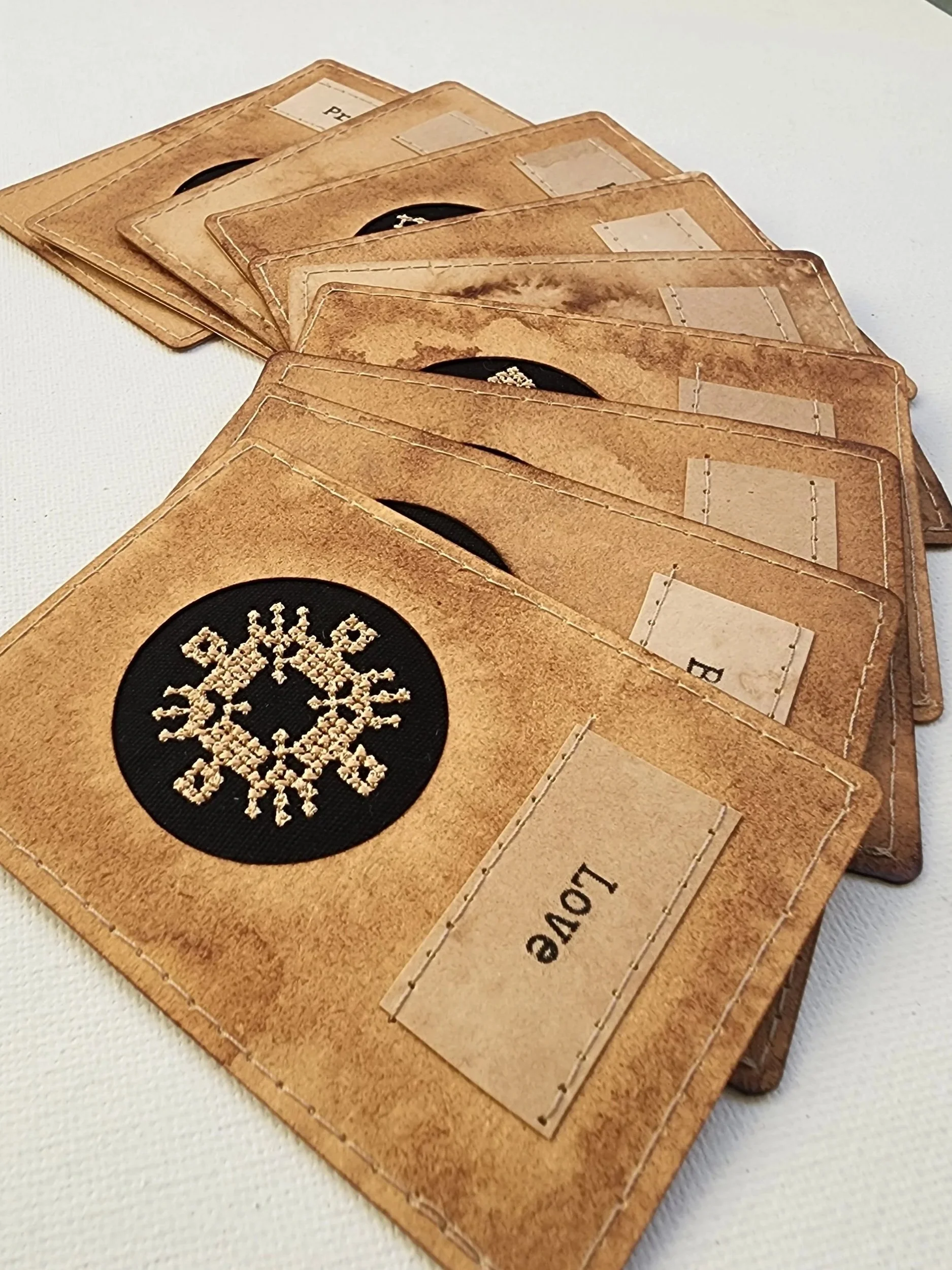 OMM Depot Encoded Intention ACEO art cards with embroidered geometric word ornaments