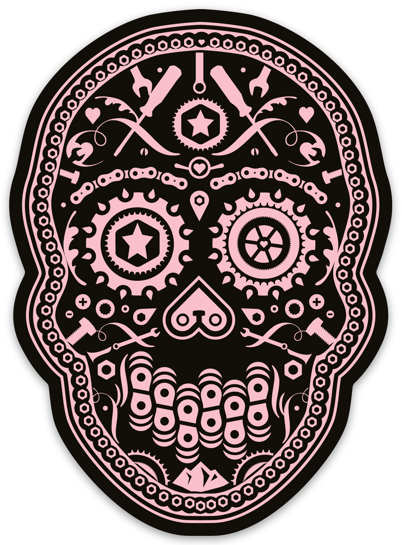 Pink and black illustration of a sugar skull with various mechanical and tool elements integrated into the design.
