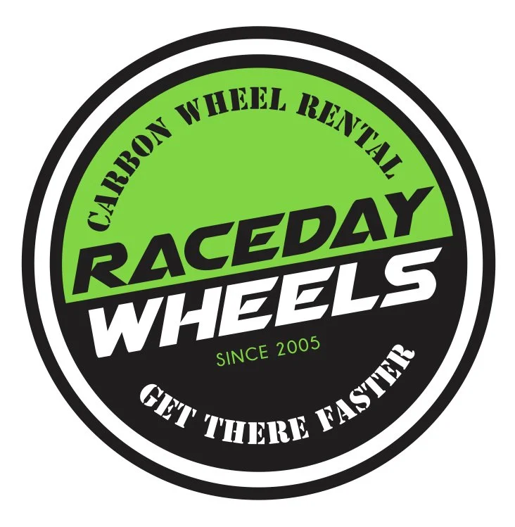 Logo for Raceday Wheels featuring green and black colors, promoting carbon wheel revival since 2005 with the slogan 'Get There Faster'.