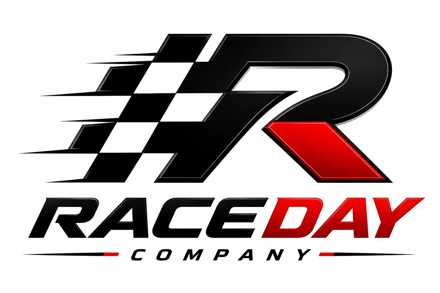 Logo for Race Day Company featuring a stylized checkered flag pattern integrated with a large black letter 'R' and red accents.