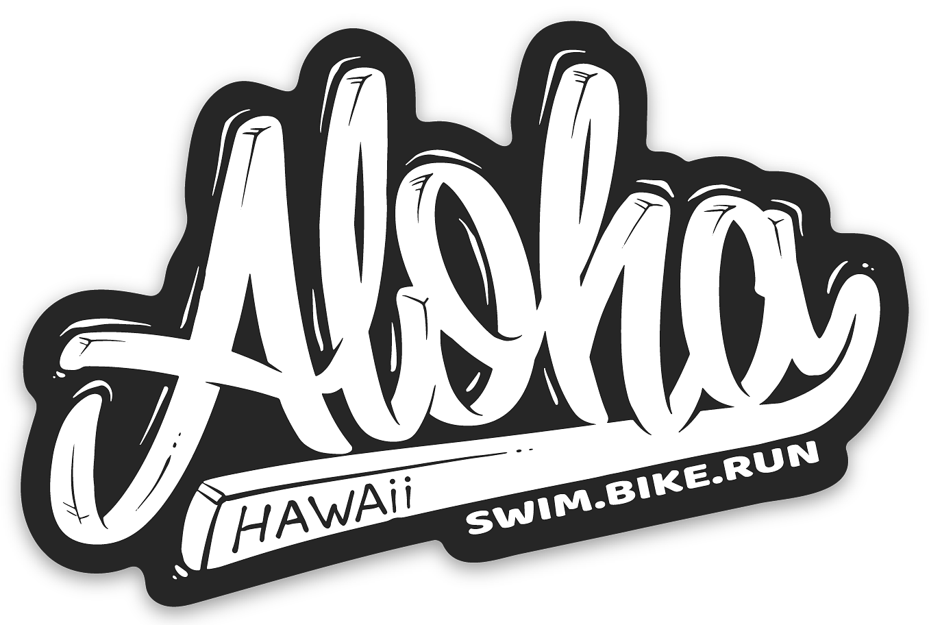 Stylized logo for Hawaii activities, featuring the word 'Aloha' in graffiti style with a bar underneath labeled 'Hawaii' and the words 'swim.bike.run'.