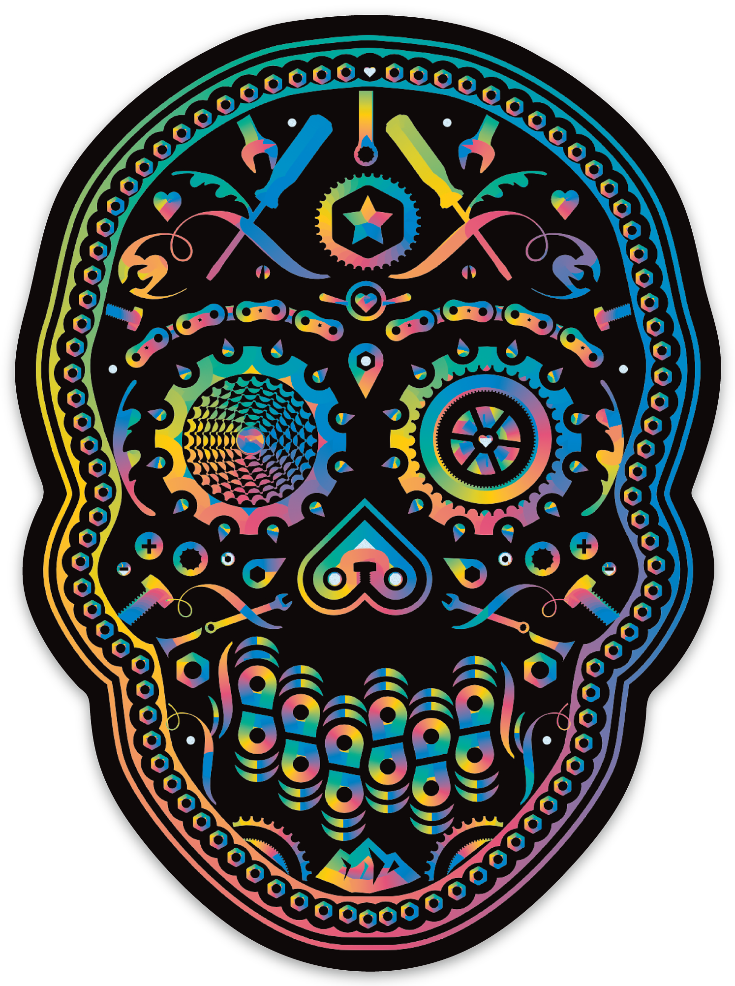 Colorful illustration of a skull made up of various mechanical and geometric elements on a black background.