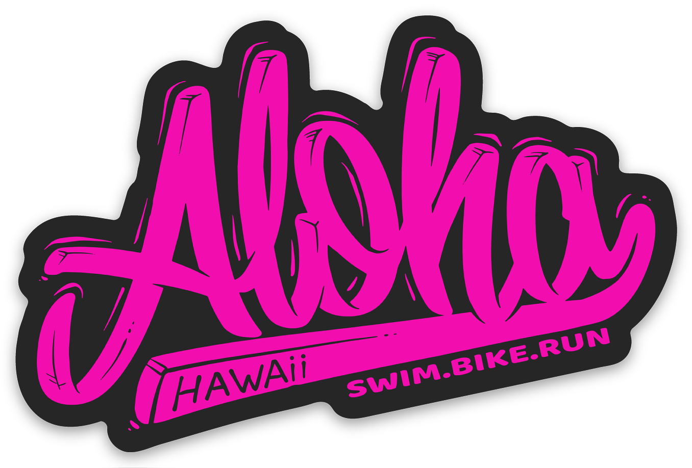 Pink graffiti-style logo with the words "Aloha Hawaii" and the tags "SWIM.BIKE.RUN" beneath it on a black background.