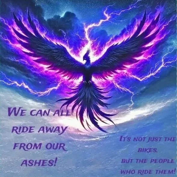 A large, mythical phoenix with wings spread wide, surrounded by lightning and storm clouds, with text that reads, 'We can all ride away from our ashes! It's not just the bikes, but the people who ride them!'