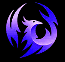 Stylized purple and blue phoenix logo with abstract flames and a bird in the center.
