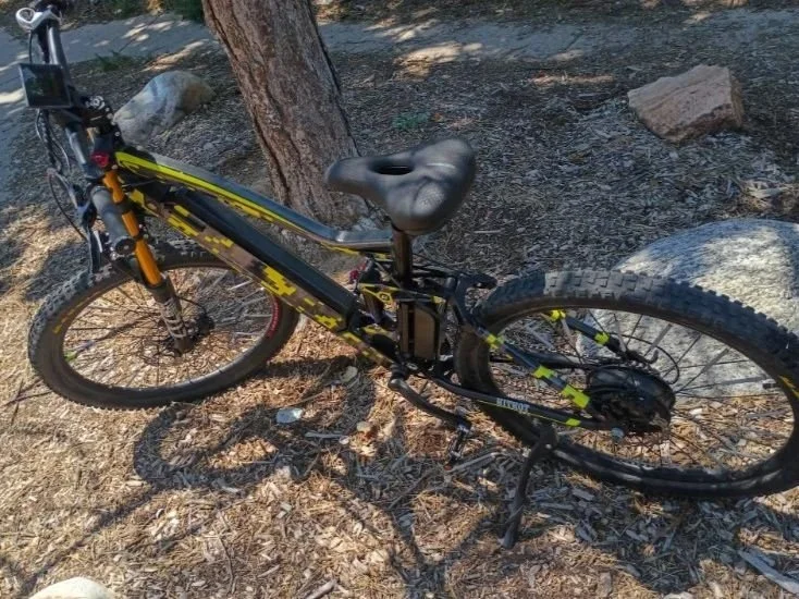 Black and yellow mountain bike leaning against a tree on dirt ground with rocks and shadows.